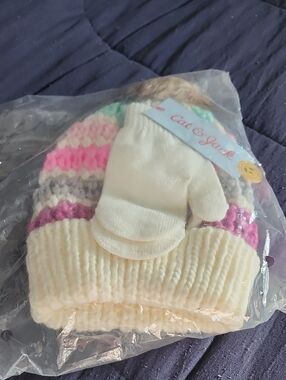 Cat & Jack Cream Knit Beanie with Pink, Purple, Gray & Mint Stripes